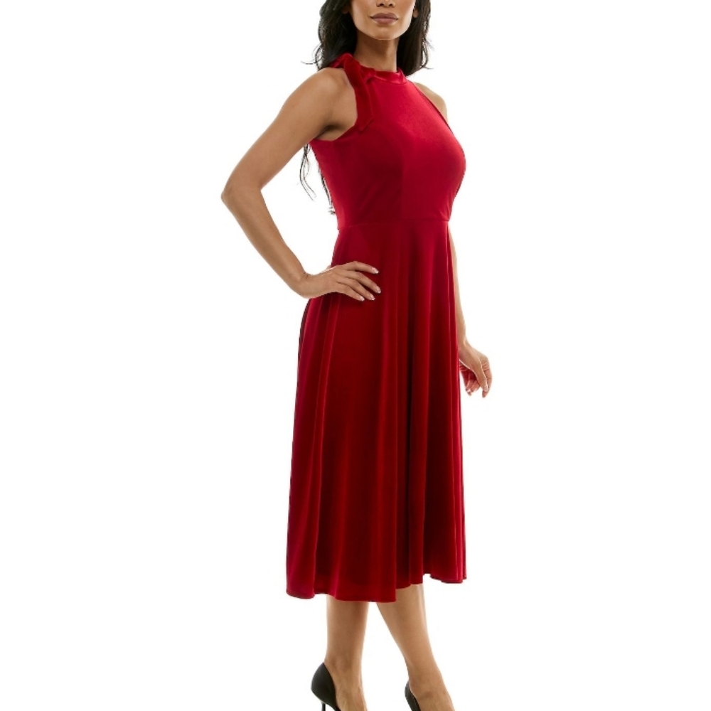 Maison Tara Red Bow Halter Neck Fit And Flare Midi Dress 12